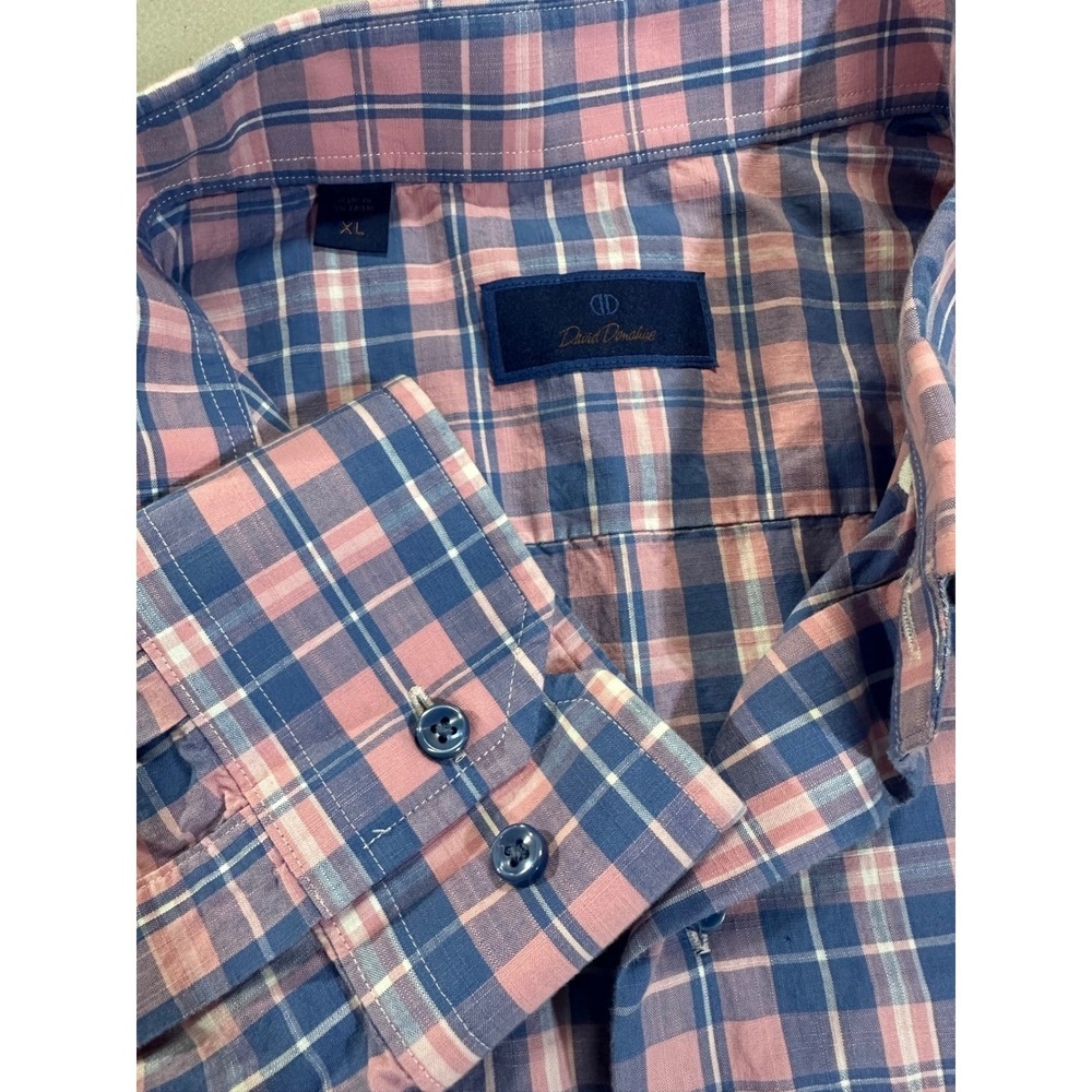 David Donahue Mens XL Pink Blue Plaid Button Down Shirt Long Sleeve Cotton